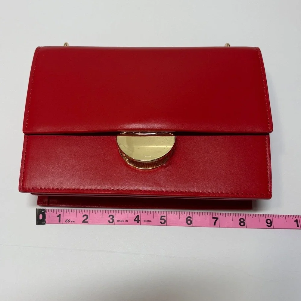 Red Leather Accordion Crossbody Bag Hollywood Logo Strap Gold‎ Hardware